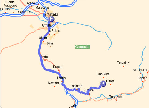 Mapa que indica como llegar desde Granaad a Pampaneira